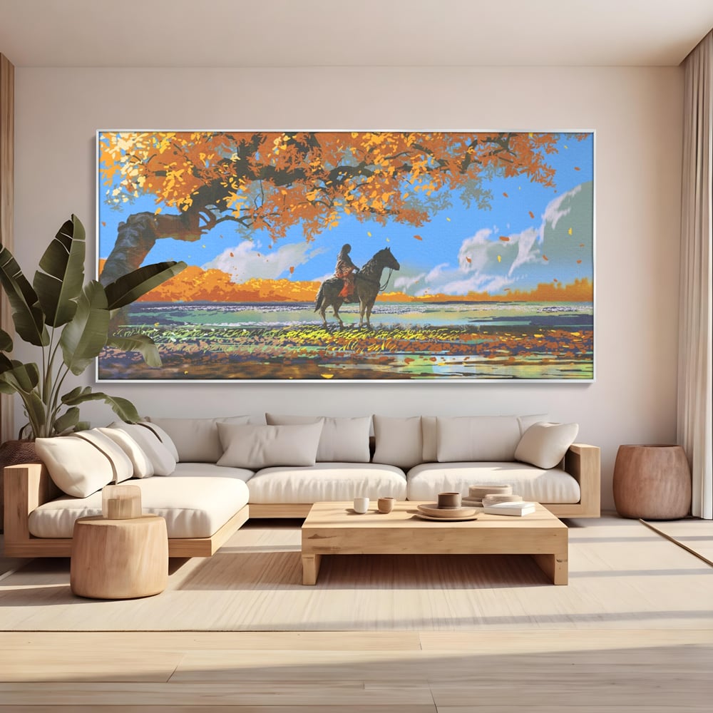 Tablou canvas cu tablou canvas cu fata pe cal, in rama de aluminiu argintiu, pe perete intr-un living